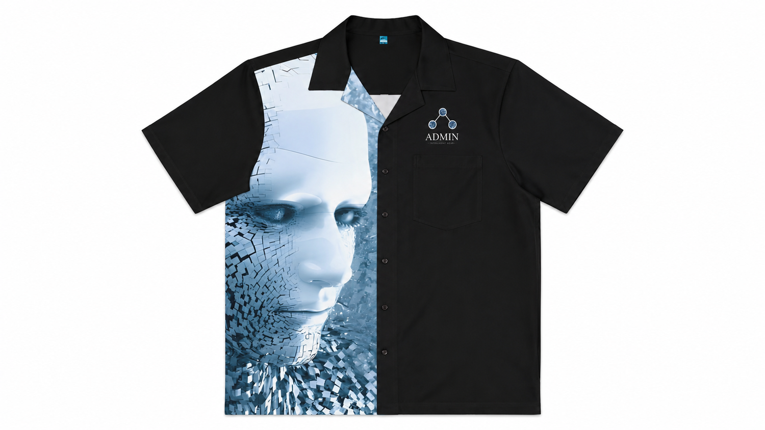 A black short-sleeve button-up shirt with a graphic print of a metallic blue robotic face on the left side and a small white 'ADMIN' logo on the chest pocket, displayed on a solid white background.