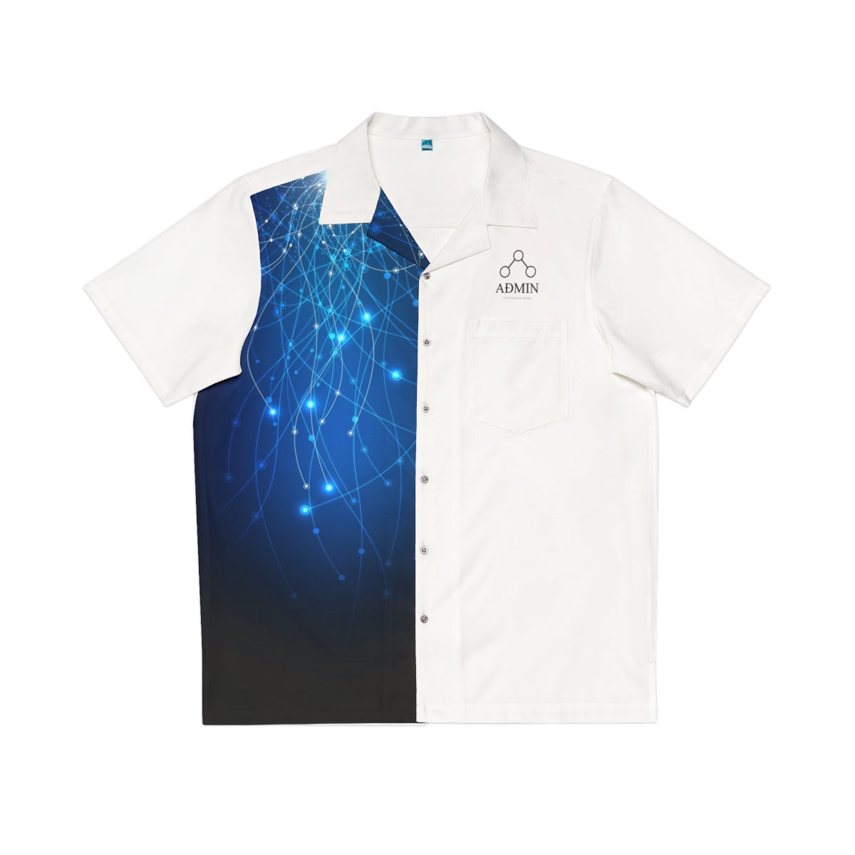 A short-sleeve button-up camp shirt with a split design: one half is solid white with a small black 'ADMIN' logo on the chest, and the other half features a blue-to-black gradient with glowing network-like light dots. The shirt is displayed flat against a solid white background.