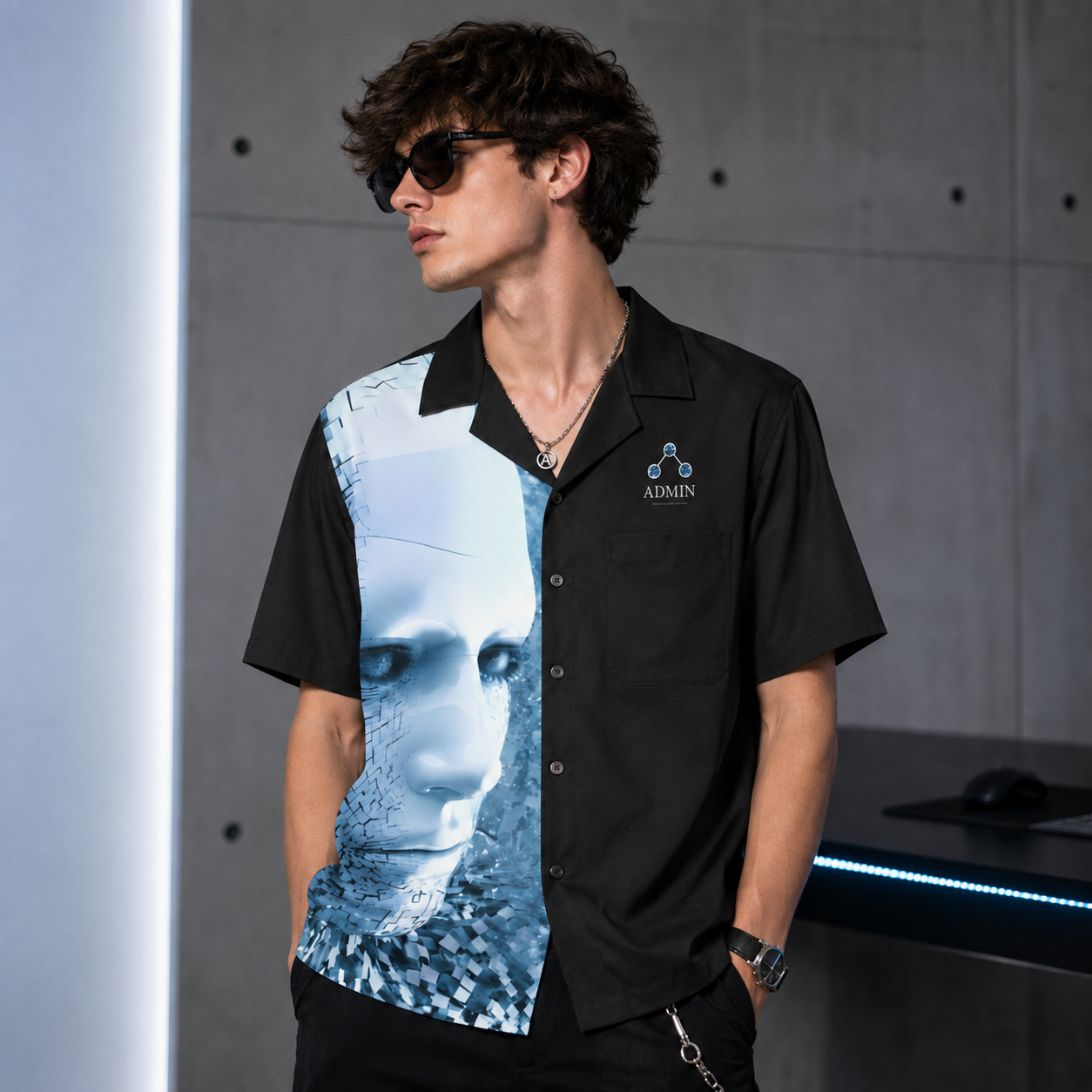 A man wearing a black short-sleeve button-up shirt with a large blue and white robotic face graphic printed across the front, styled with sunglasses and a watch, standing in a modern gray interior.