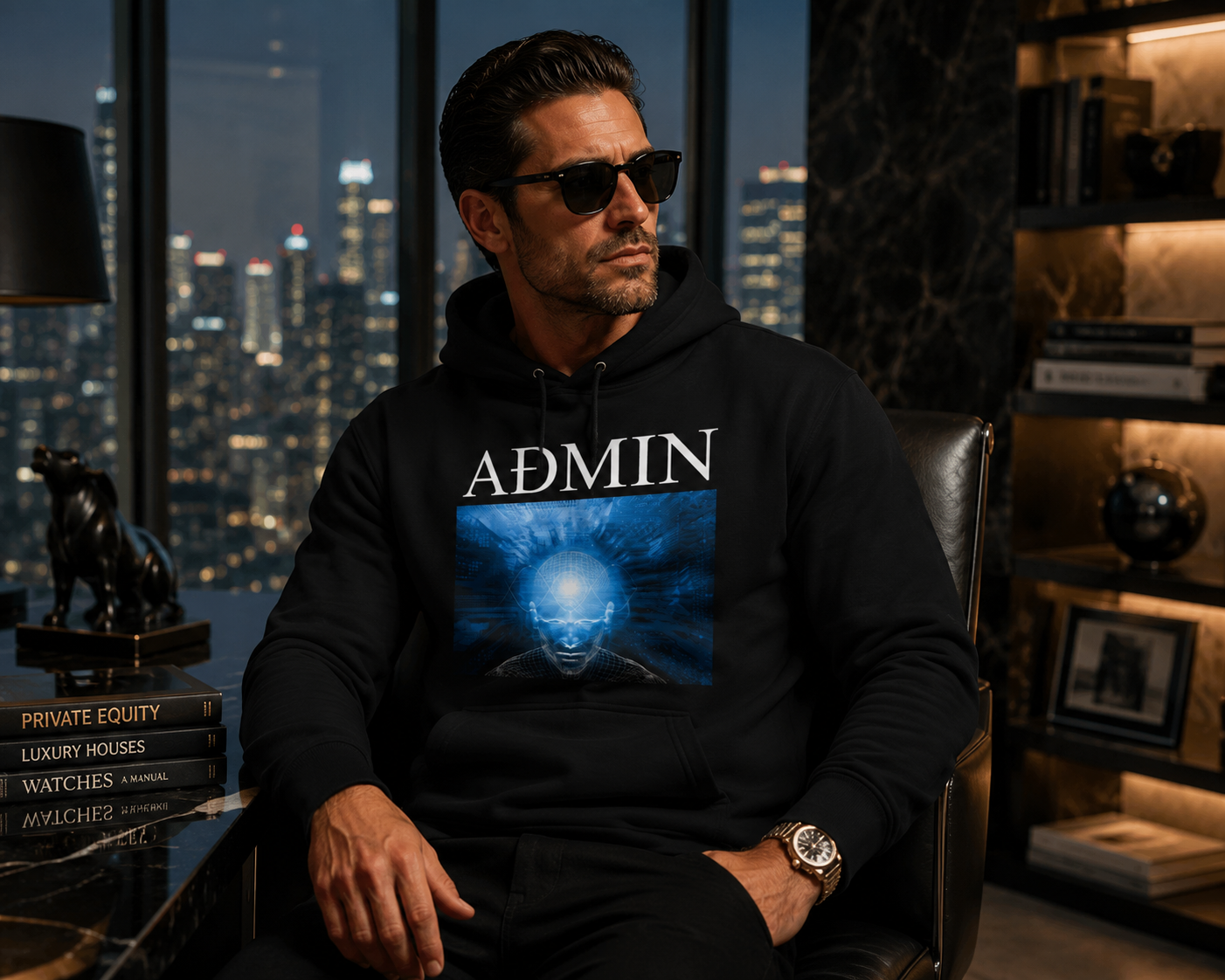 A man wearing a black hoodie with a blue graphic print and the word 'ADMIN' in white text, seated in a modern office chair with a city skyline background.