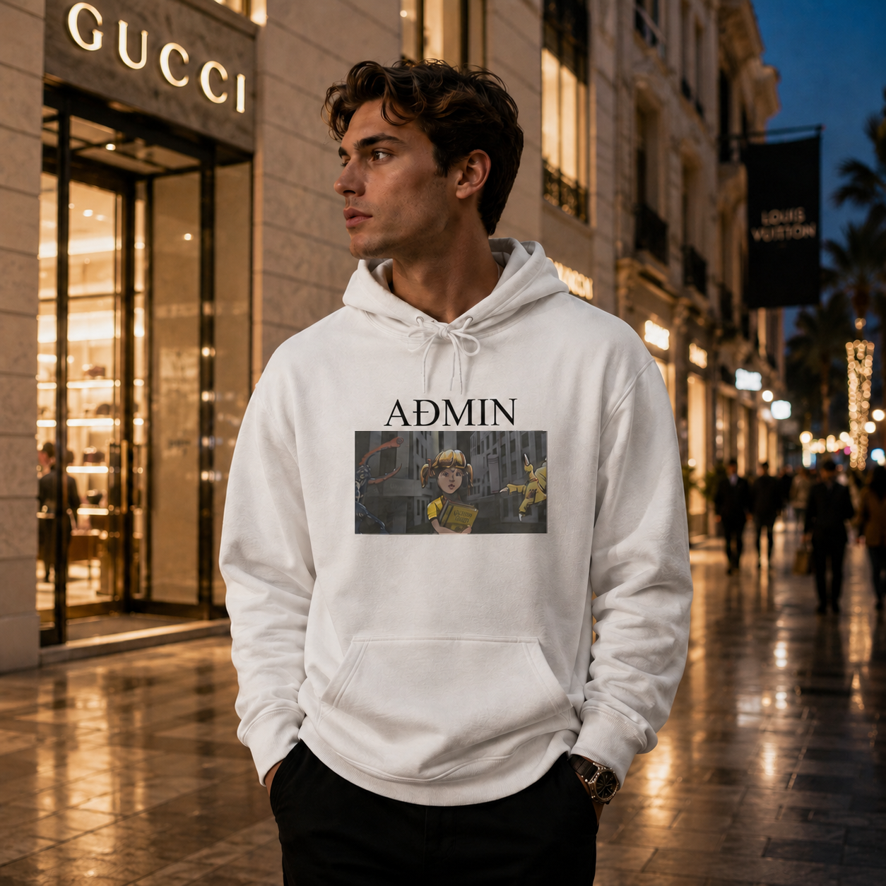 A man wearing a white pullover hoodie with a graphic print stands on a city street at dusk. The hoodie has the word 'ADMIN' above a rectangular photo-style graphic.
