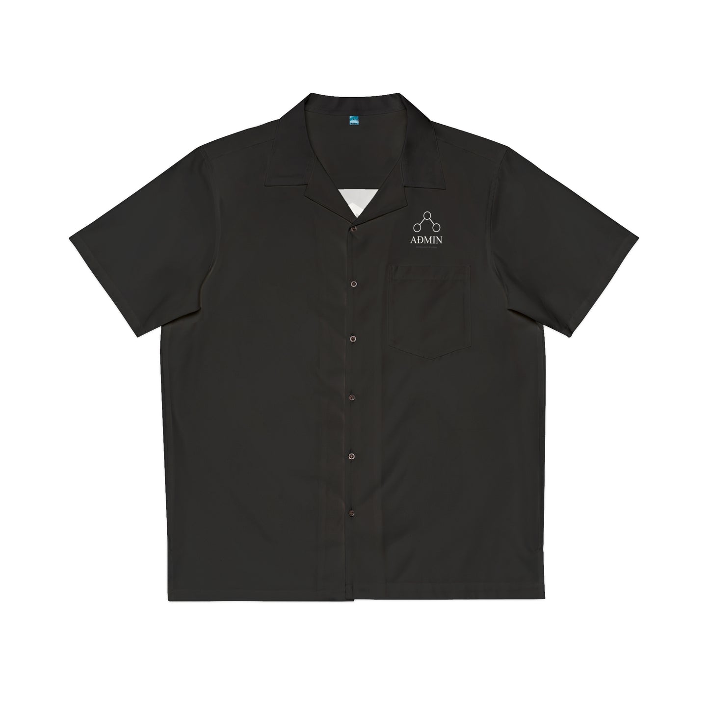 A black short-sleeve button-up shirt with a collar, featuring a chest pocket and a white printed 'ADMIN' logo on the left chest. The shirt is displayed flat against a solid white background.