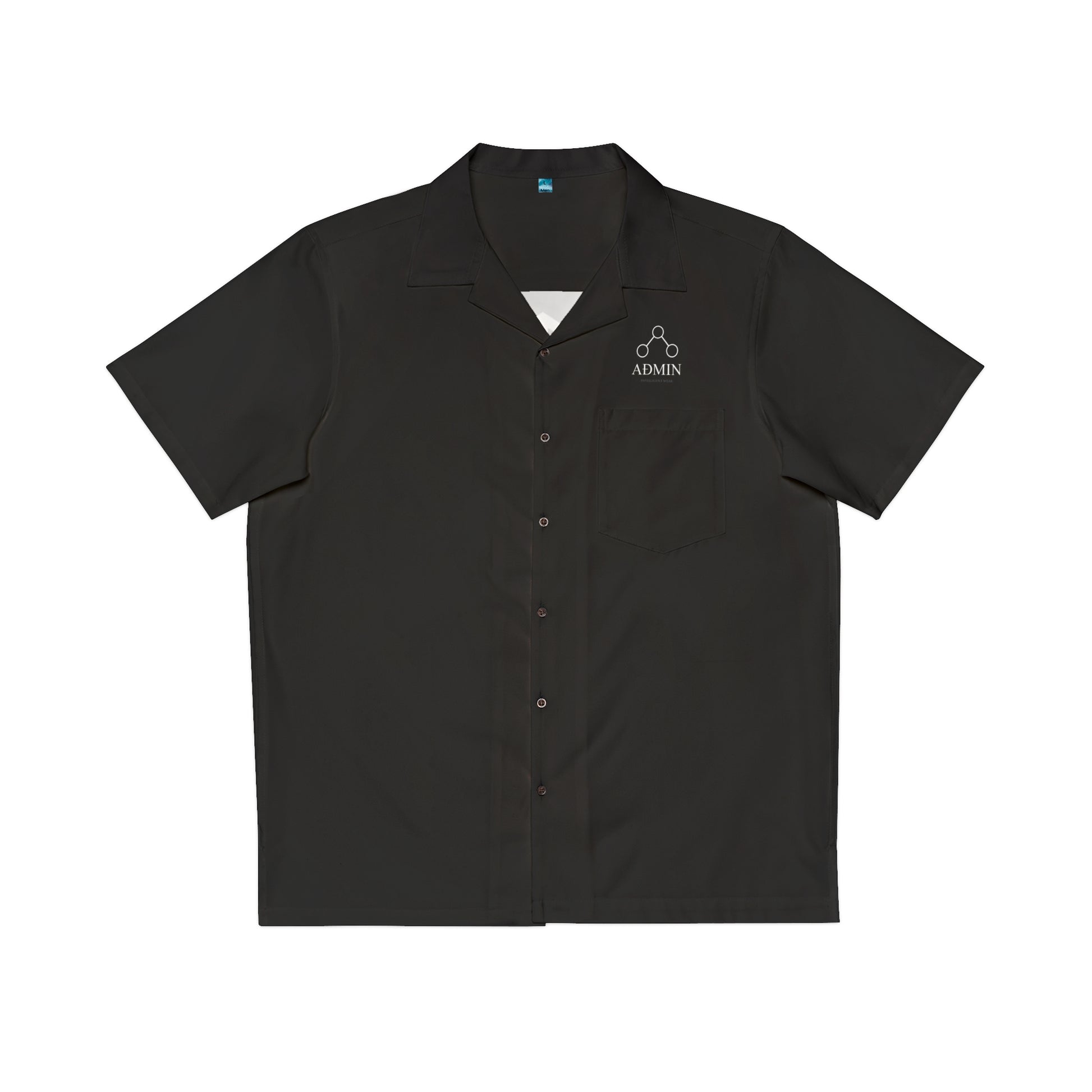 A black short-sleeve button-up shirt with a collar, featuring a chest pocket and a white printed 'ADMIN' logo on the left chest. The shirt is displayed flat against a solid white background.