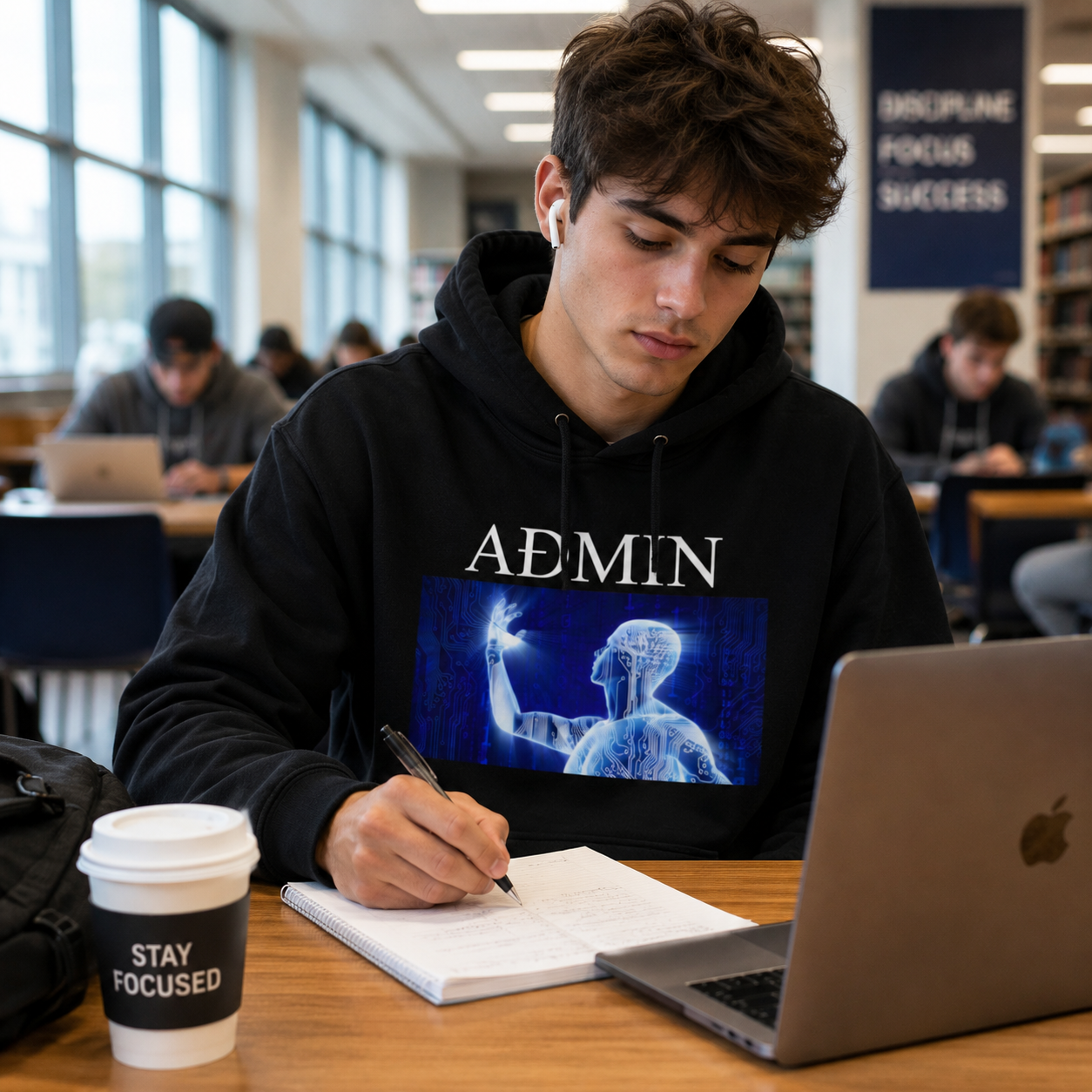 A young man in a library wearing a black hoodie with the  letters 'ΑDΜΙΝ' and a blue graphic print on the front. He is writing in a notebook at a wooden desk next to a laptop and a coffee cup.