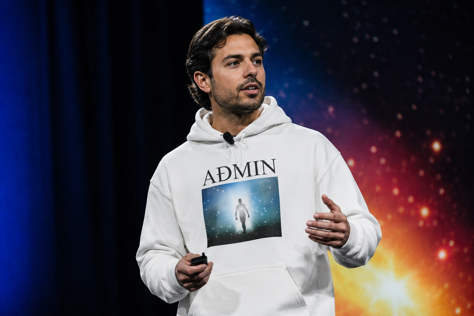 A man standing on a stage wearing a white hoodie with the word 'ADMIN' and a graphic print on the front, against a dark blue and orange cosmic background.