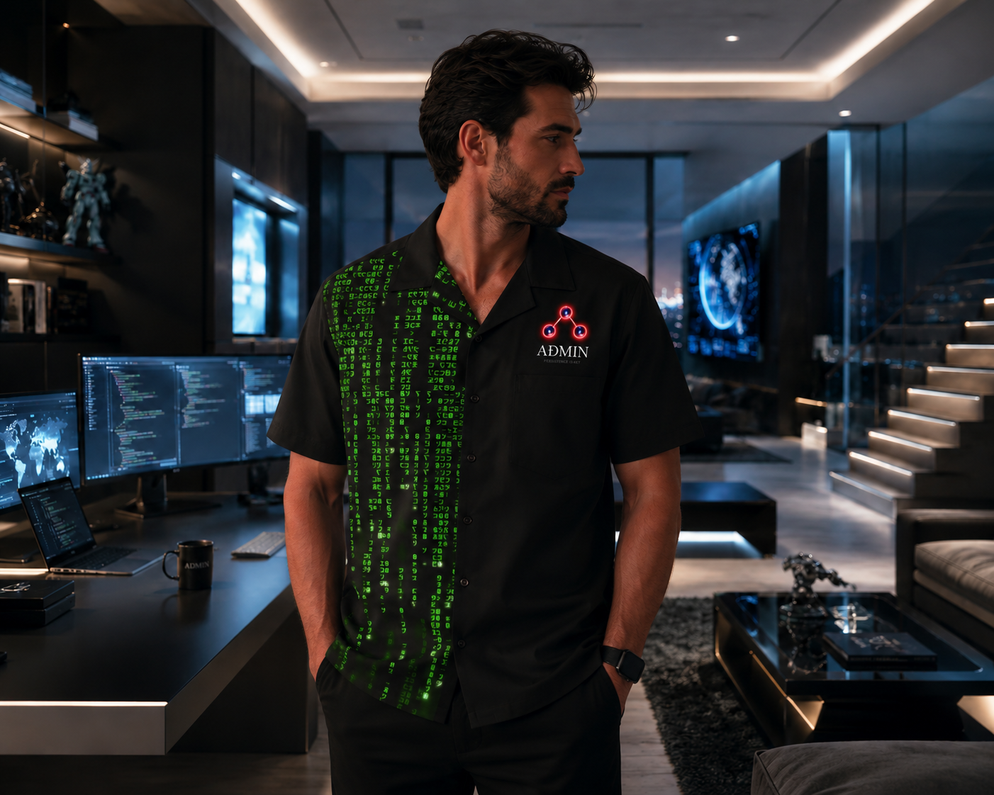 Front view of a man wearing a black ADMIN button-up shirt featuring a neon green Matrix-style code pattern and a cyber-inspired ADMIN logo, photographed in a luxury modern tech office.