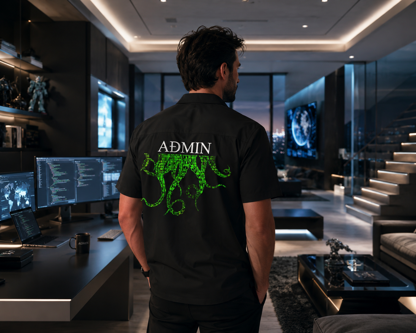 Young man wearing a black ADMIN button-up shirt featuring a green cyber-inspired octopus graphic on the back, standing in a modern luxury home office with multiple computer monitors displaying code and cybersecurity dashboards.