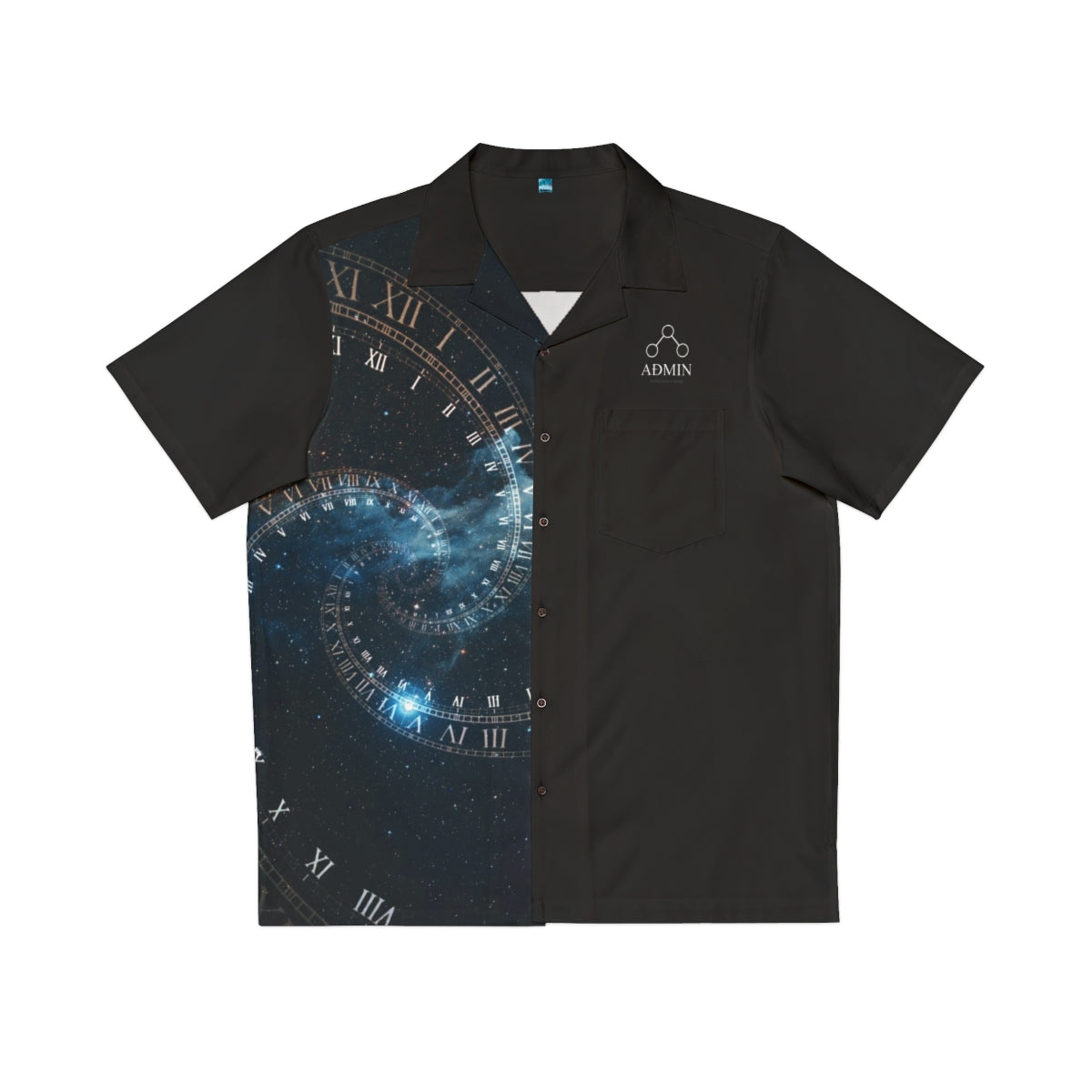 ADMIN black button-up shirt with galaxy spiral clock design, short sleeves, embroidered logo, and modern sci-fi streetwear style.