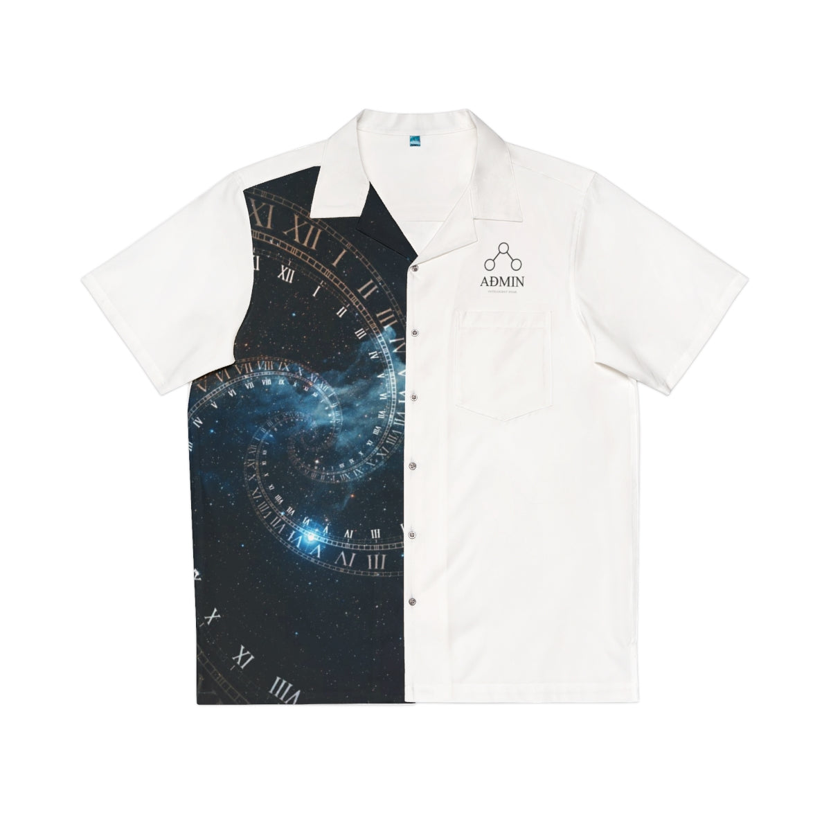A short-sleeve button-up shirt with a split design: one half is solid white, and the other half features a dark cosmic clock graphic with Roman numerals and a blue starfield. The left chest has a small logo reading ADMIN.