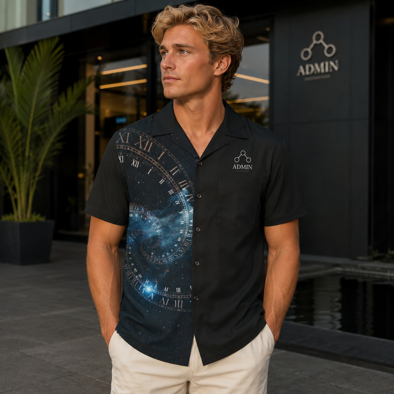A man wearing a black short-sleeve button-up shirt with a split design: one half features a blue and black cosmic clock face print, and the other half has a white ADMIN logo. He is standing outdoors in front of a modern building with a dark facade.