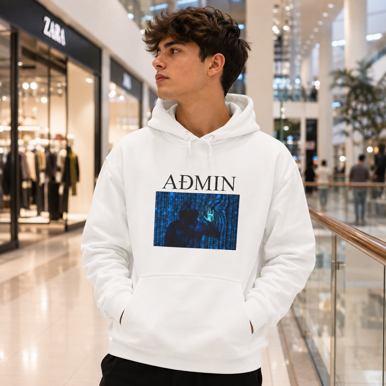 A man wearing a white pullover hoodie with a graphic print on a mall walkway. The hoodie features the word 'ADMIN' in black above a blue digital matrix-style graphic.