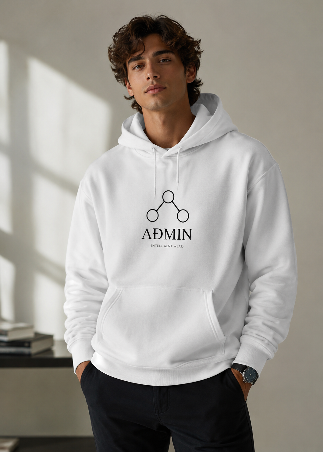 A man wearing a white pullover hoodie with a black 'ADMIN' graphic logo on the chest, paired with dark pants, standing in a brightly lit room with window shadows.