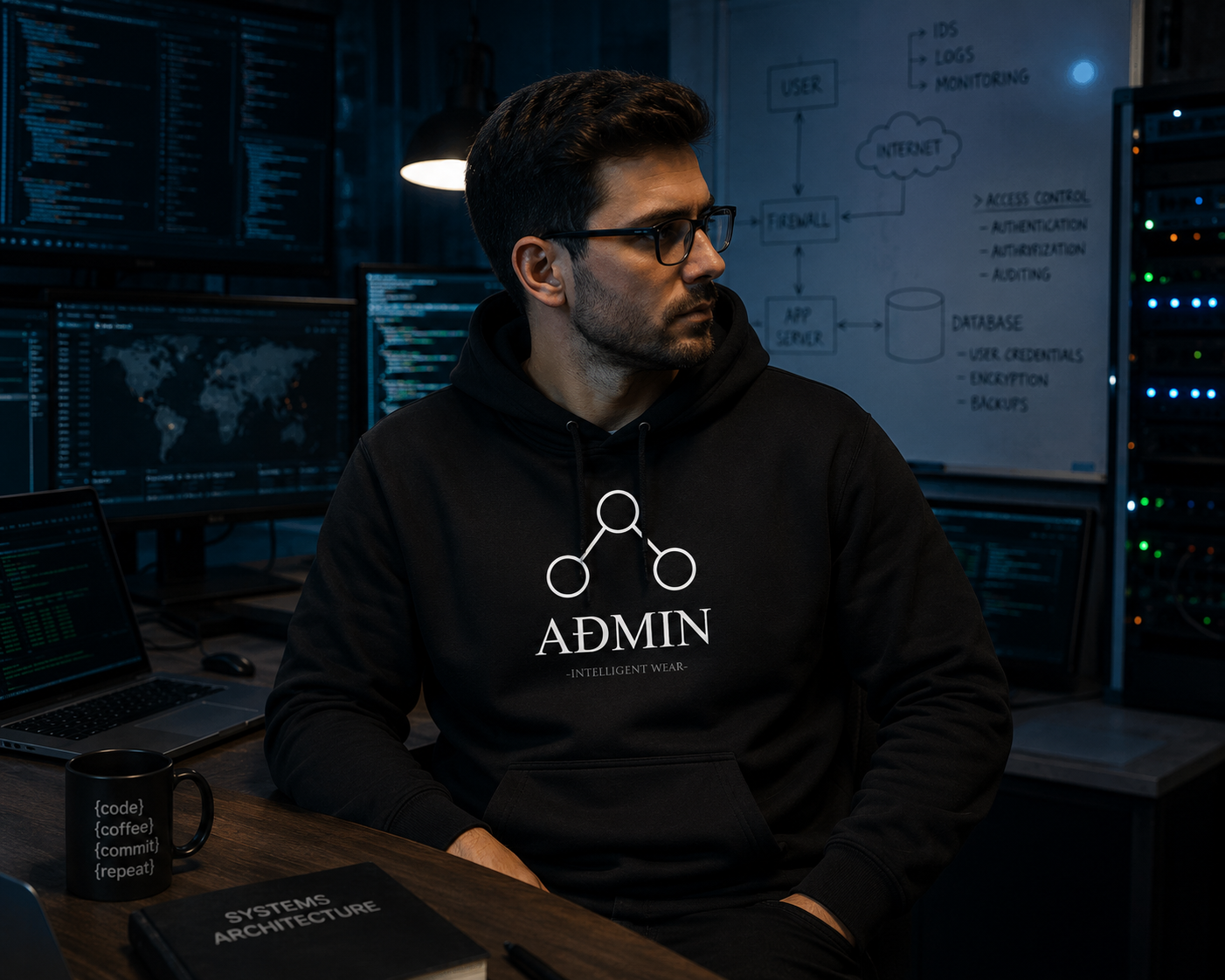 A man wearing a black hoodie with a white 'ADMIN' graphic sits in a dark, tech-filled office or home office environment with computer monitors, a whiteboard, and a black mug.