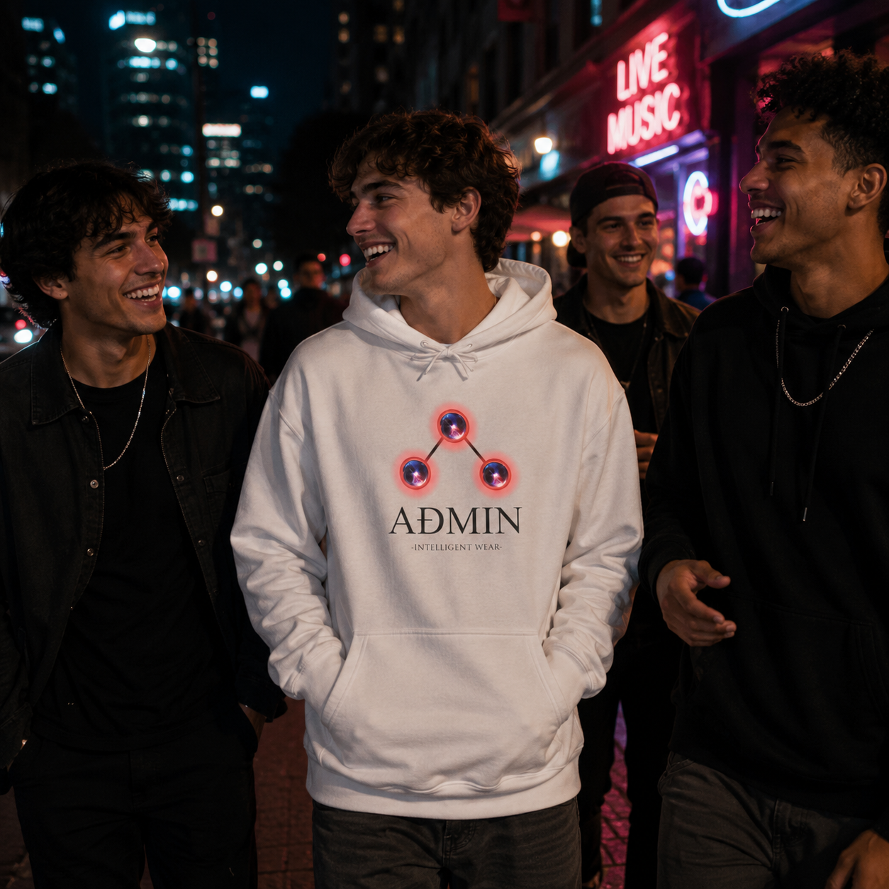 Four young men laughing and walking together at night on a city street. The central person wears a white hoodie with a glowing red and blue network graphic above the text 'ADMIN' and smaller text 'INTELLIGENT WEAR.
