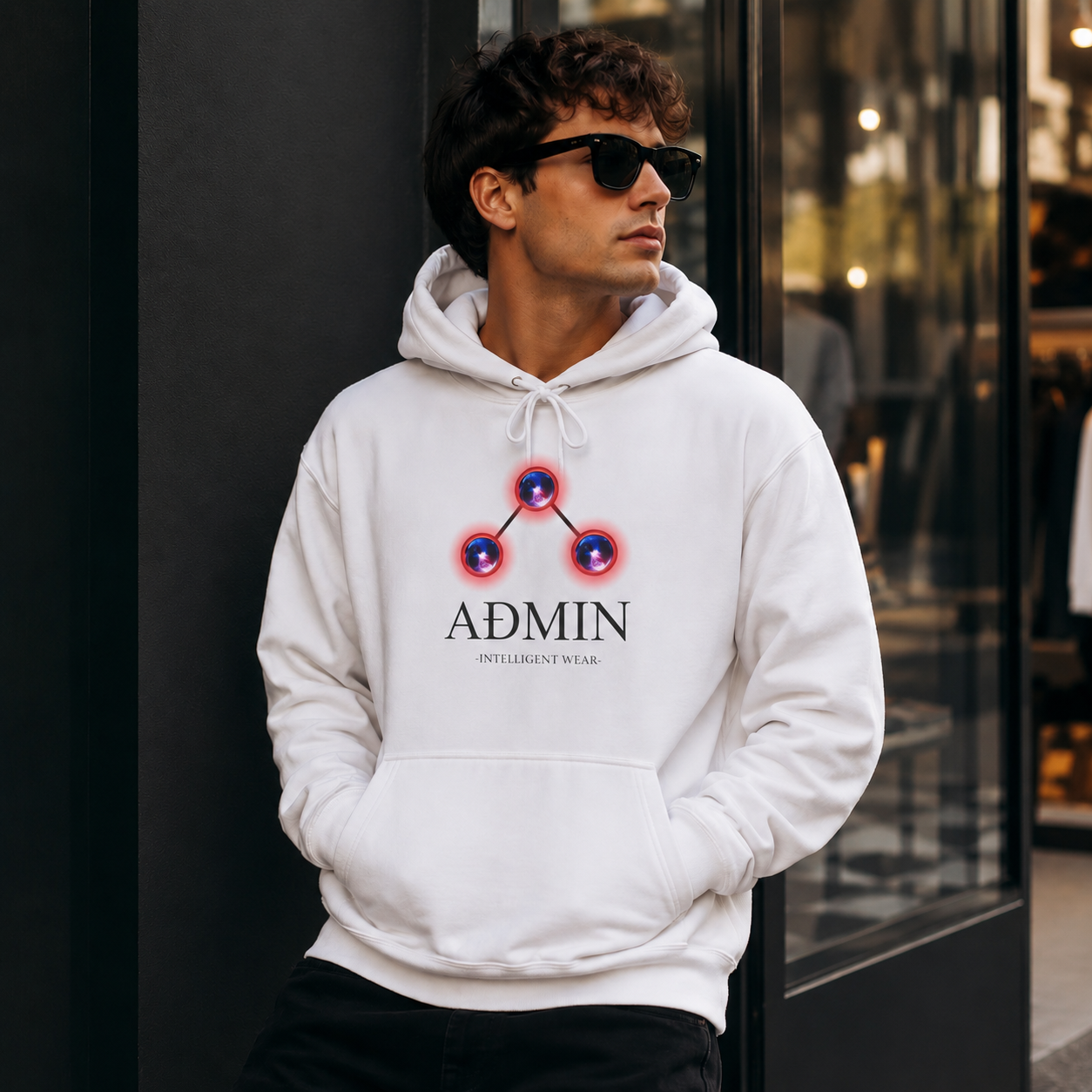 A man wearing a white pullover hoodie with a graphic logo on the chest, standing in front of a dark storefront window.