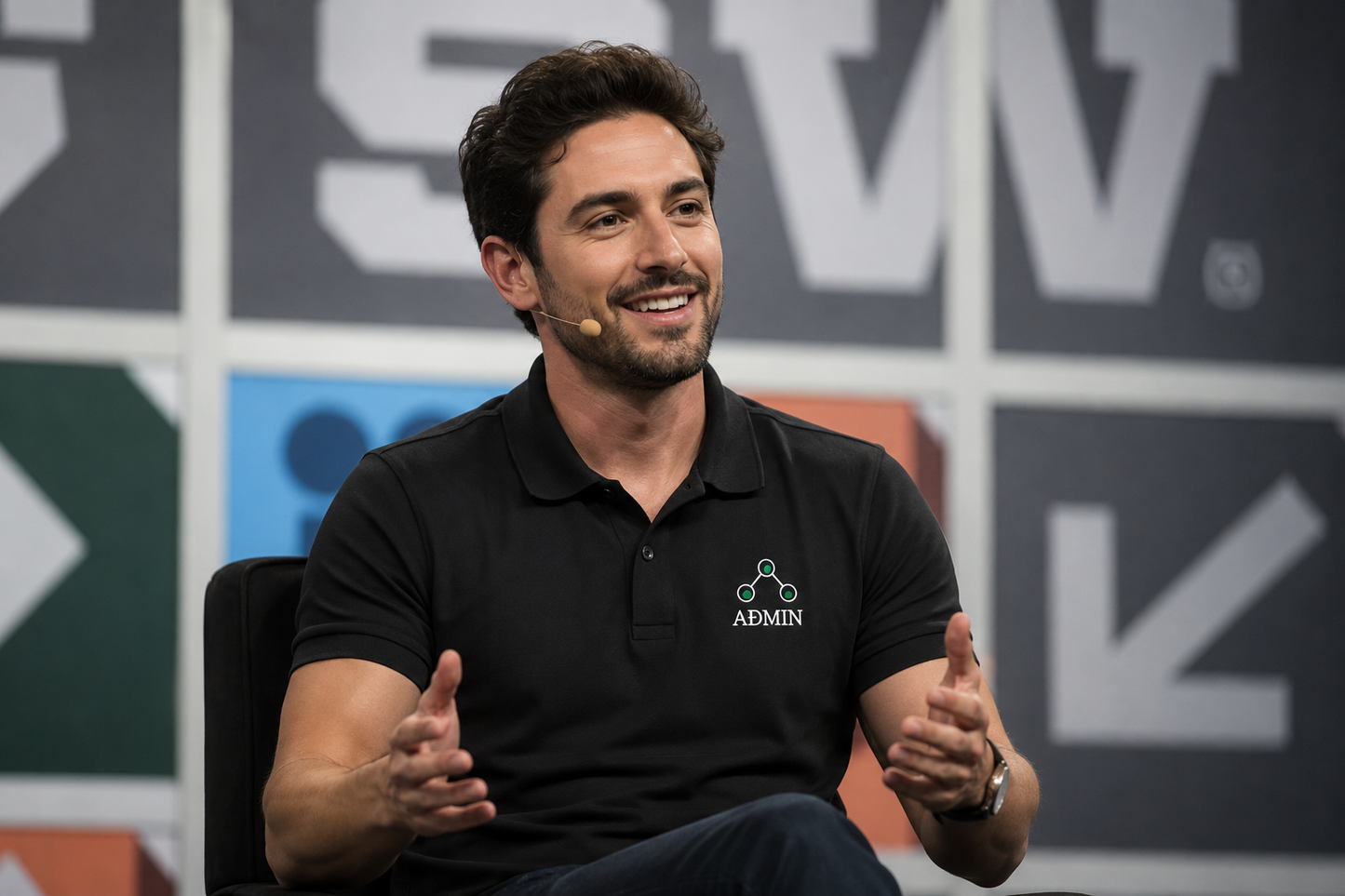 A man wearing a black polo shirt with a green and white 'ADMIN' logo sits on a stage, gesturing with his hands. The background features a large, stylized grid of gray, white, green, and blue letters.