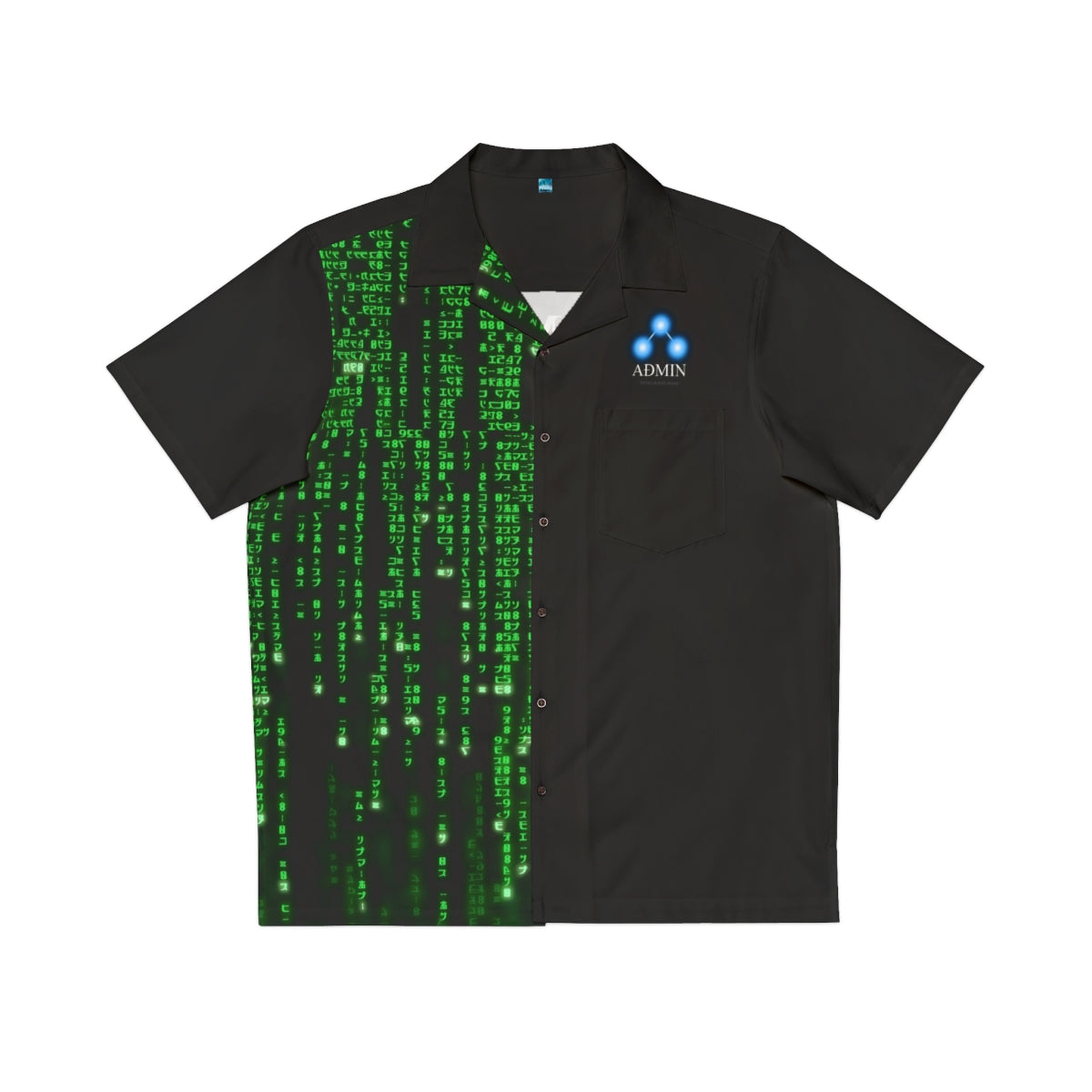 A black short-sleeve button-up shirt with a split design: the left side features a green digital rain pattern reminiscent of the Matrix, and the right side is solid black. It has a small blue and white 'ADMIN' logo on the left chest.