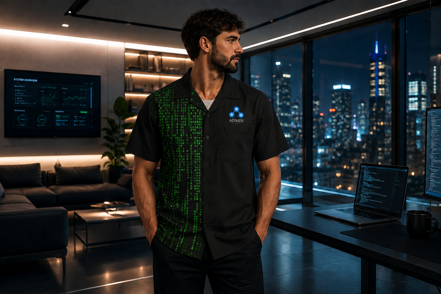 A man stands in a modern office or lounge setting with large windows showing a city skyline at night. He is wearing a black short-sleeve button-up shirt with a green digital matrix-style code print down one side and a small blue logo on the chest.