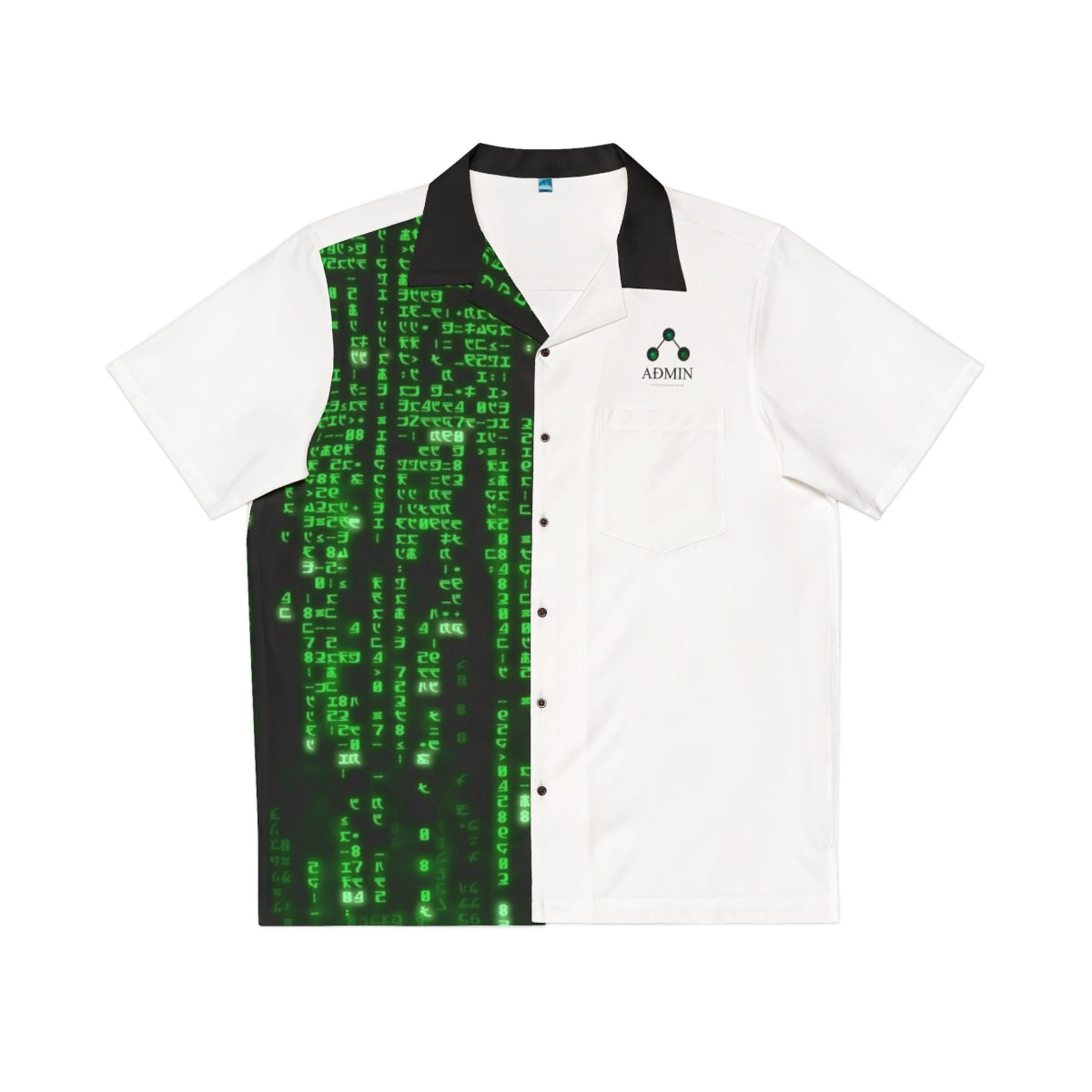 A short-sleeve button-up shirt with a split design: the right side is solid white with a small green 'ADMIN' logo on the chest, and the left side features a black background with a green digital matrix-style code print. It has a black collar.