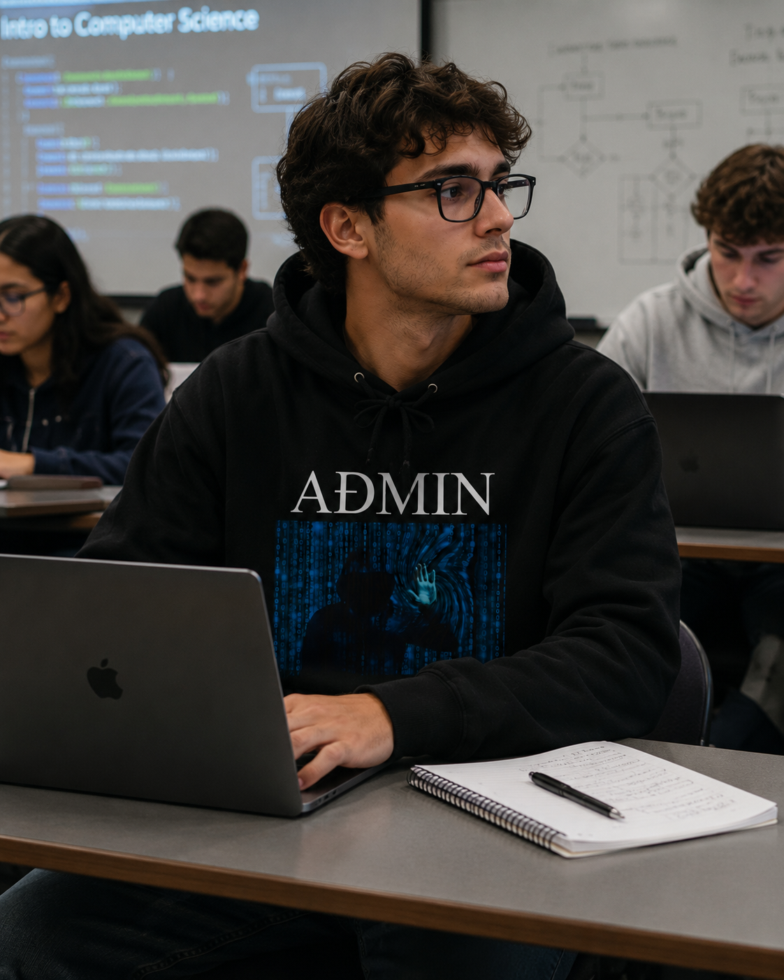 A man wearing a black hoodie with 'ADMIN' and a blue matrix graphic sits at a desk using a laptop in a computer science classroom.