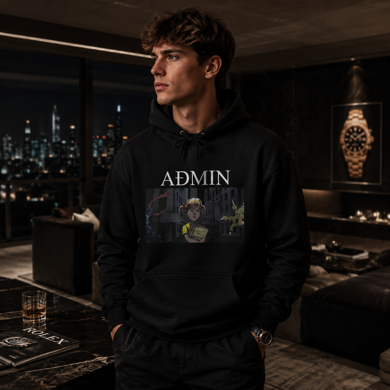 A man wearing a black pullover hoodie with a custom graphic print and the word 'ADMIN' printed in white across the chest, standing in a modern, dimly lit luxury apartment.