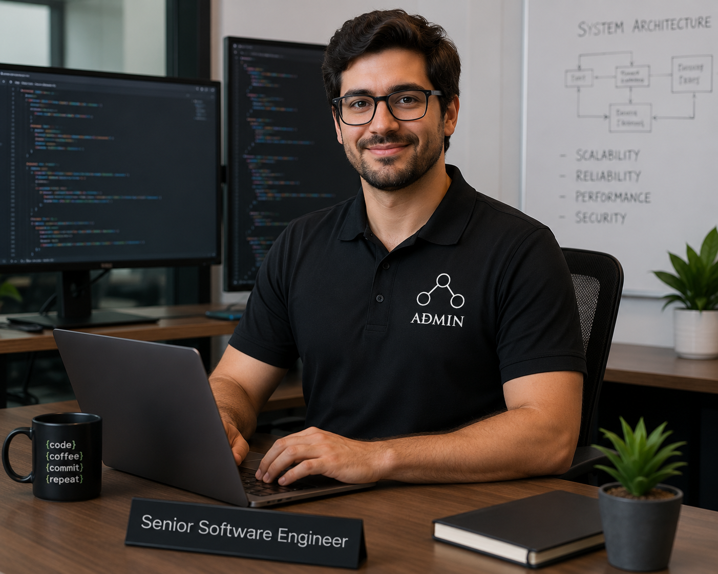 A man wearing a black polo shirt with a white 'ADMIN' logo sits at a desk in an office environment, working on a laptop. The desk has a black mug, a notebook, and a nameplate reading 'Senior Software Engineer'.
