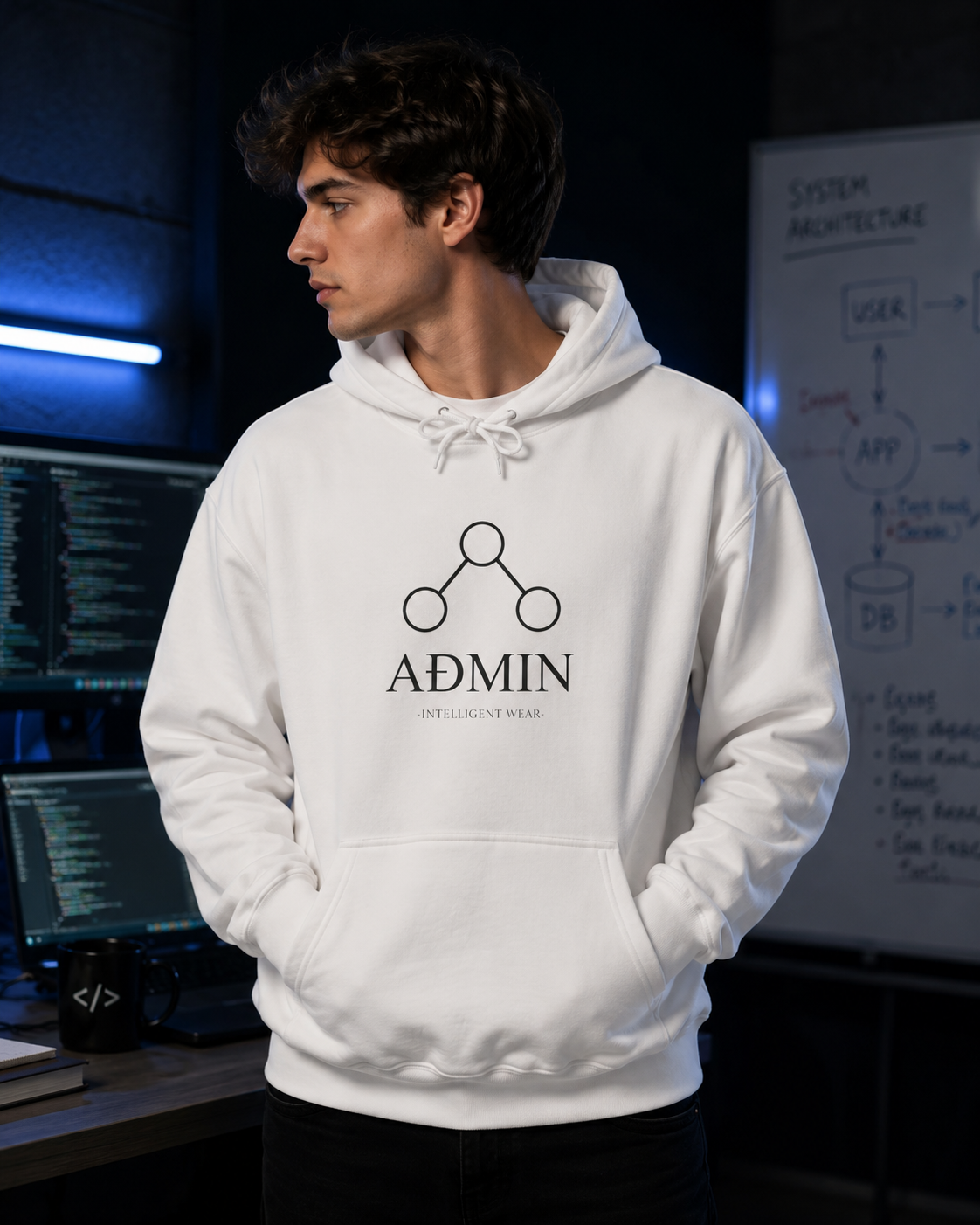 A man wearing a white pullover hoodie with a black 'ADMIN' logo and 'Intelligent Wear' text printed on the chest, standing in a dark office environment with computer monitors and a whiteboard in the background.