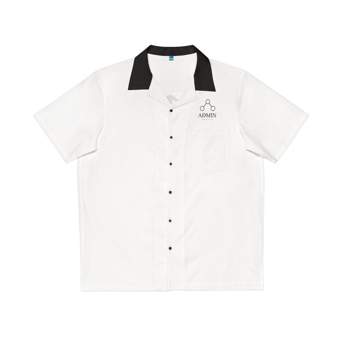 A -white short-sleeve button-up shirt with a black collar, featuring a chest pocket with a 'ADMIN' logo on the left side, displayed flat against a white background.