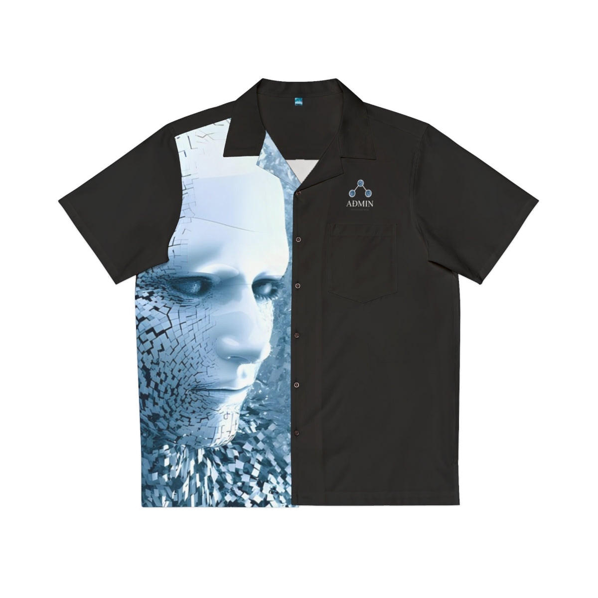 A black short-sleeve button-up shirt with a graphic print of a metallic blue robotic face on the left side and a small white 'ADMIN' logo on the chest pocket, displayed on a solid white background.
