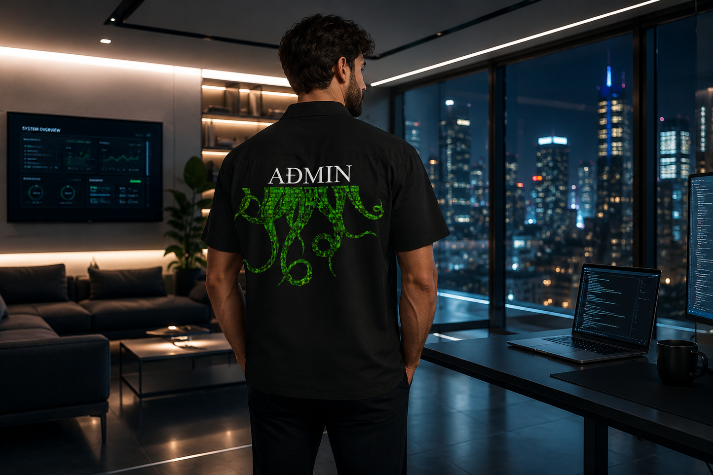 AdminWear ADMIN black graphic shirt with green cyber-themed back print, worn by a man in a luxury office overlooking a nighttime city skyline.