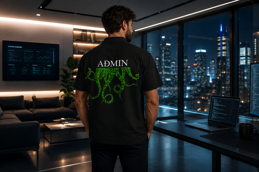 AdminWear ADMIN black graphic shirt with green cyber-themed back print, worn by a man in a luxury office overlooking a nighttime city skyline.