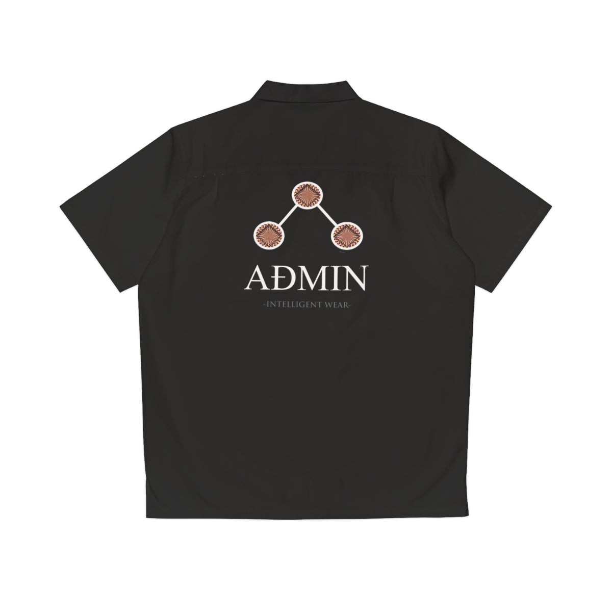 A black short-sleeve collared shirt shown from the back, featuring a white 'ADMIN' logo with three purple and yellow circular graphic elements above it, on a plain white background.