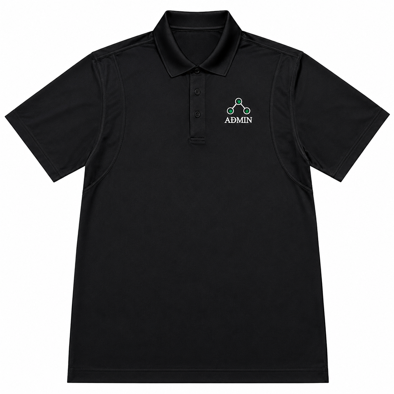 A black short-sleeve polo shirt with a three-button placket and a small embroidered logo on the left chest. The logo features a green and white circular graphic above the word 'ADMIN'.