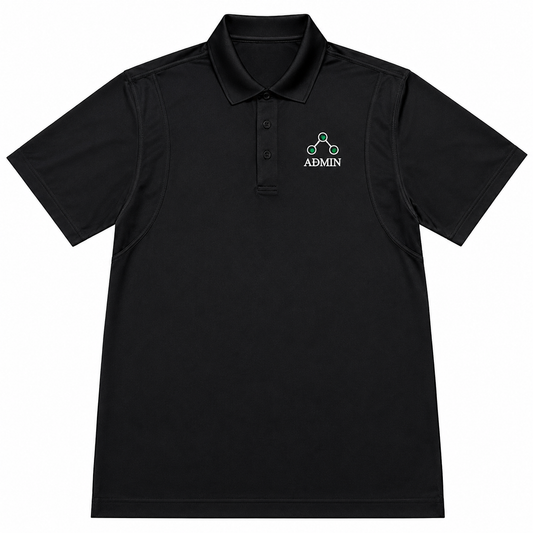 A black short-sleeve polo shirt with a three-button placket and a small embroidered logo on the left chest. The logo features a green and white circular graphic above the word 'ADMIN'.