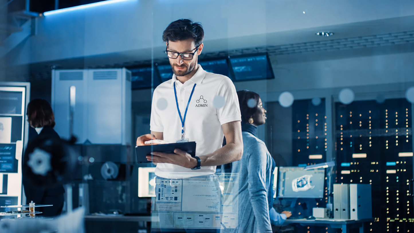 A man in a white t-shirt with a visible 'ADMIN' logo stands in a modern, blue-lit laboratory or control room, holding a tablet. Other individuals and computer monitors are visible in the background.
