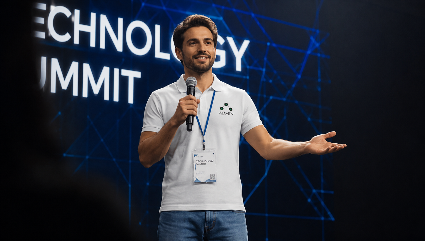 A man stands on a stage at a Technology Summit, wearing a white short-sleeve polo shirt with a black logo on the left chest and blue jeans. He holds a black microphone and wears a blue lanyard with a badge.