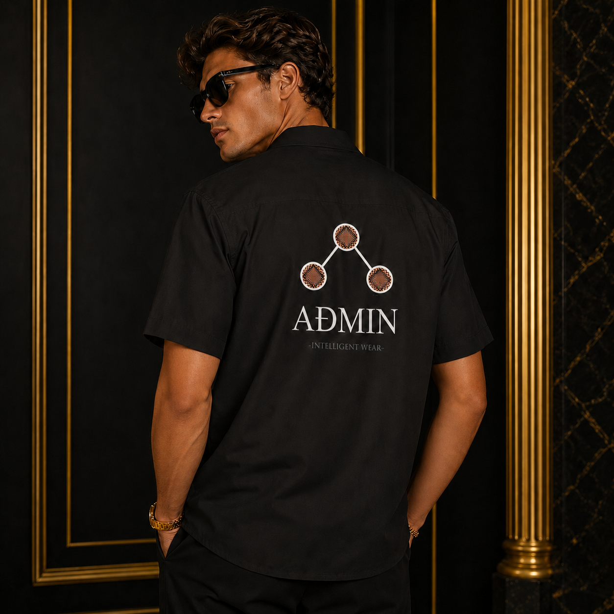 Men's black ADMIN Intelligent Wear button-up shirt with back logo, modeled in a luxury fashion setting.