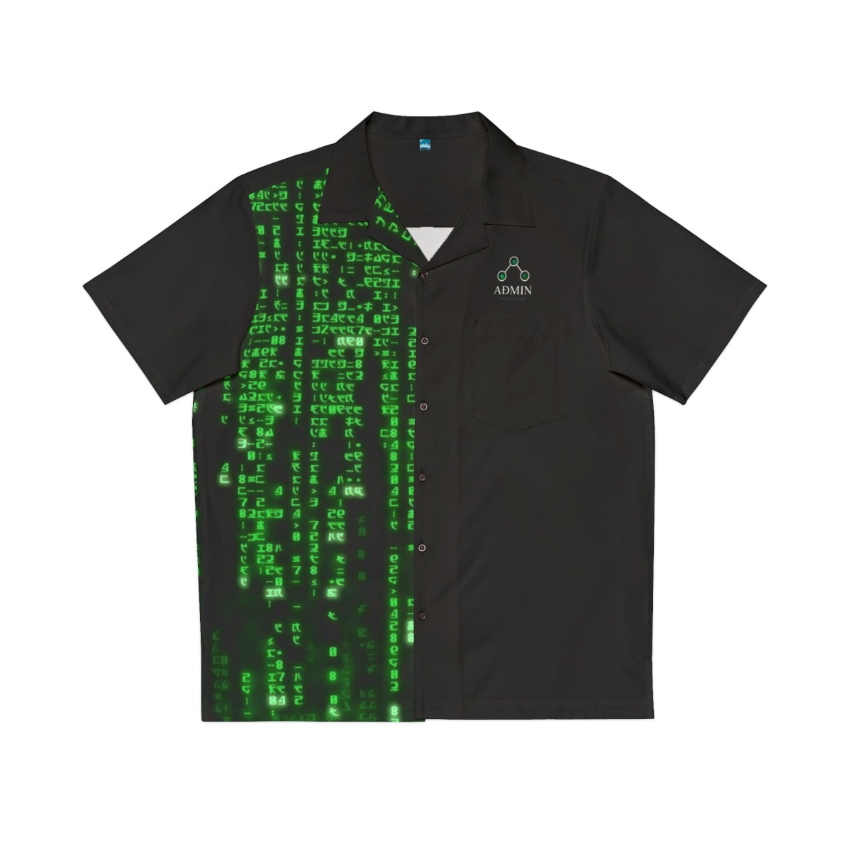 A black short-sleeve button-up shirt featuring a green digital matrix code print on the right side and a small white 'ADMIN' logo on the left chest, displayed flat against a white background.