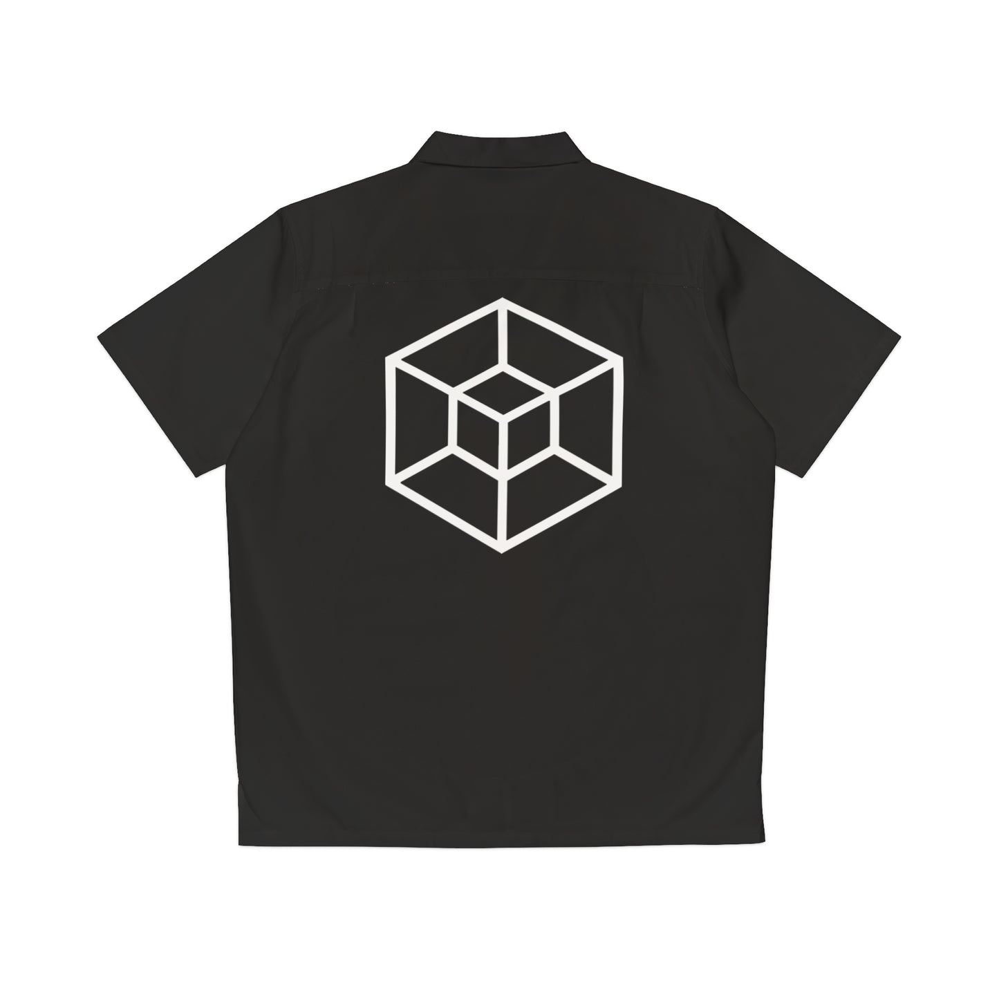 A black short-sleeve collared shirt shown from the back, featuring a white geometric cube line graphic printed in the center.