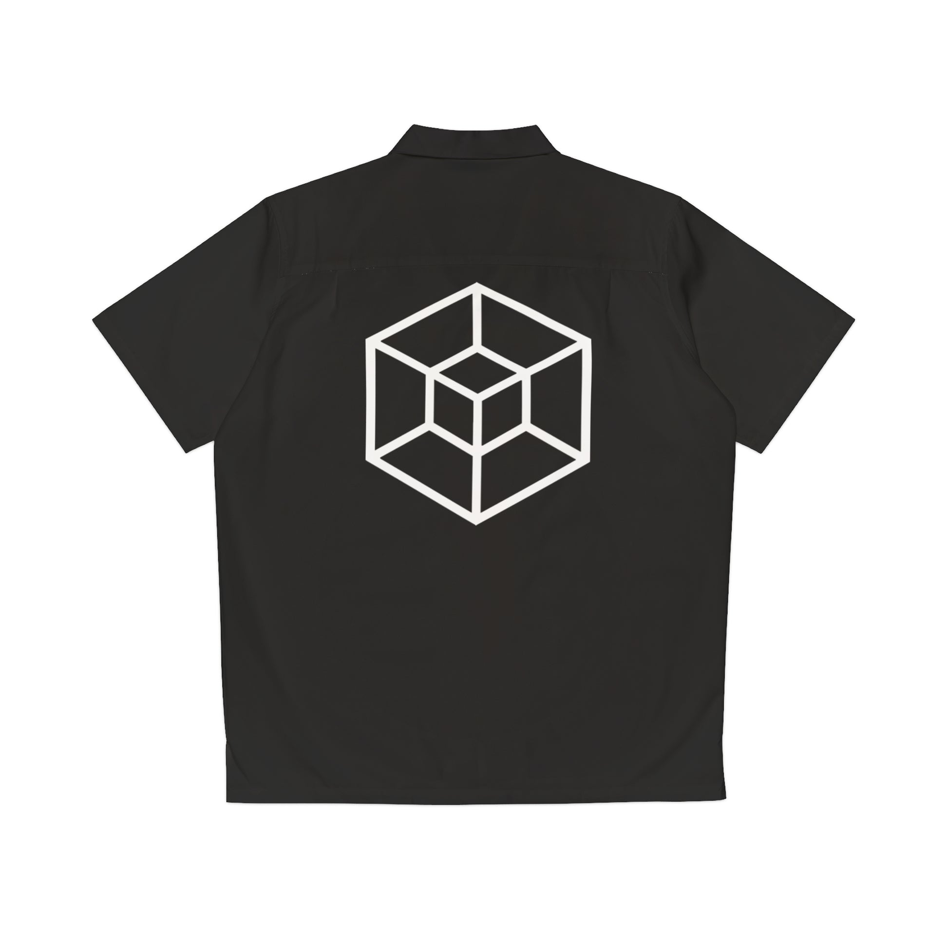 A black short-sleeve collared shirt shown from the back, featuring a white geometric cube line graphic printed in the center.