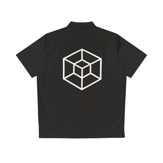 A black short-sleeve collared shirt shown from the back, featuring a white geometric cube line graphic printed in the center.