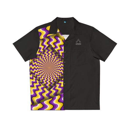 A short-sleeve button-front camp collar shirt shown flat on a white background. The shirt is split down the middle: the left side features a bold purple and yellow wavy optical illusion pattern, while the right side is solid black.