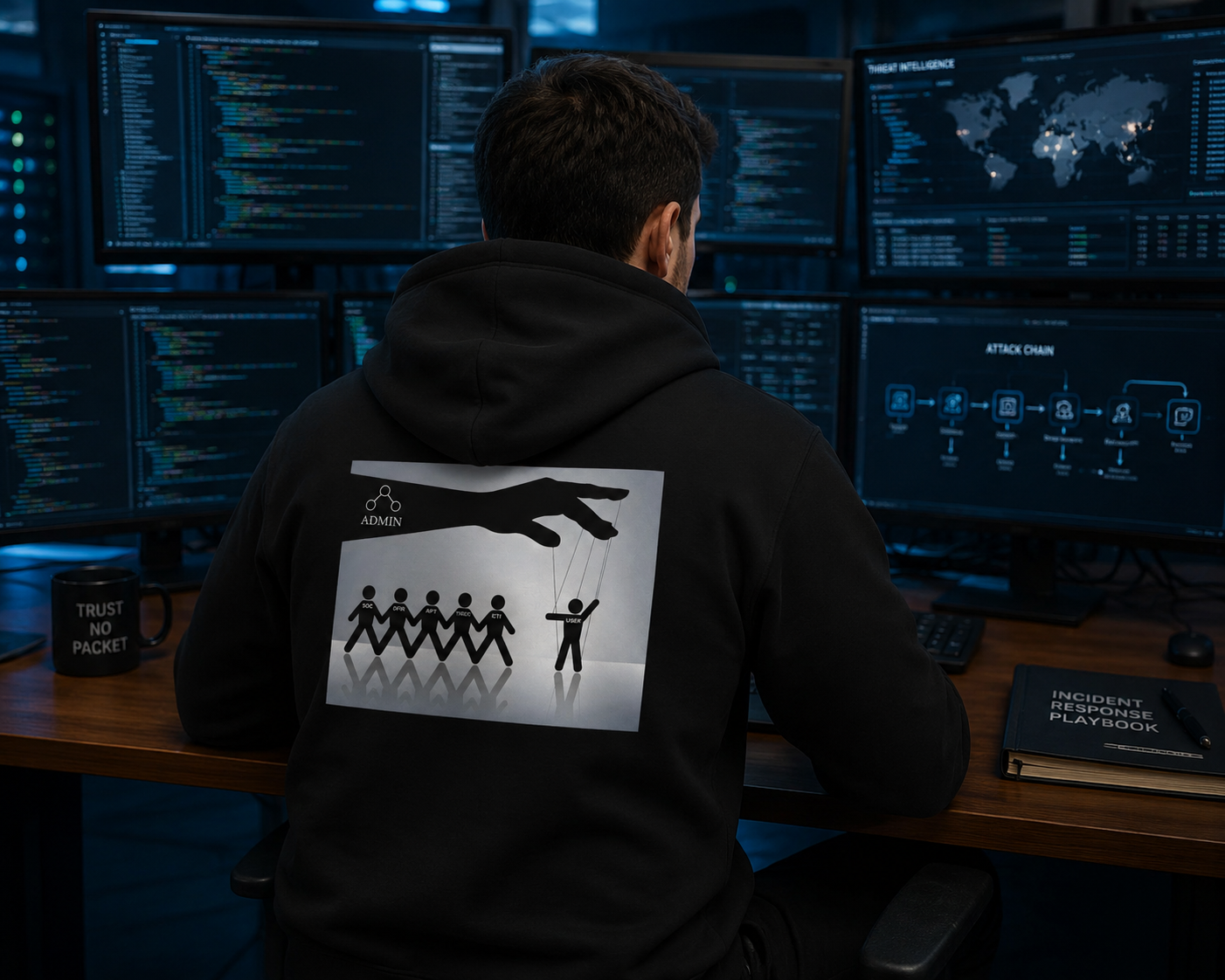 A man viewed from behind sitting at a desk in a dark tech room, wearing a black hoodie with a large graphic print on the back showing a puppet master hand and puppet figures. Multiple computer monitors displaying code and maps are visible in the background.