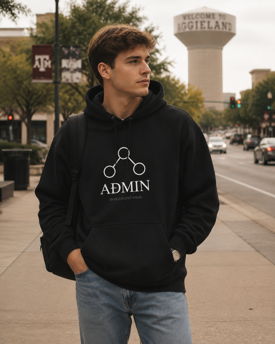 A young man wearing a black hoodie with a white graphic logo and the word 'ADMIN' stands on a city sidewalk. The hoodie features a white geometric logo above the text 'ADMIN' and 'INTELLIGENT WEAR'.