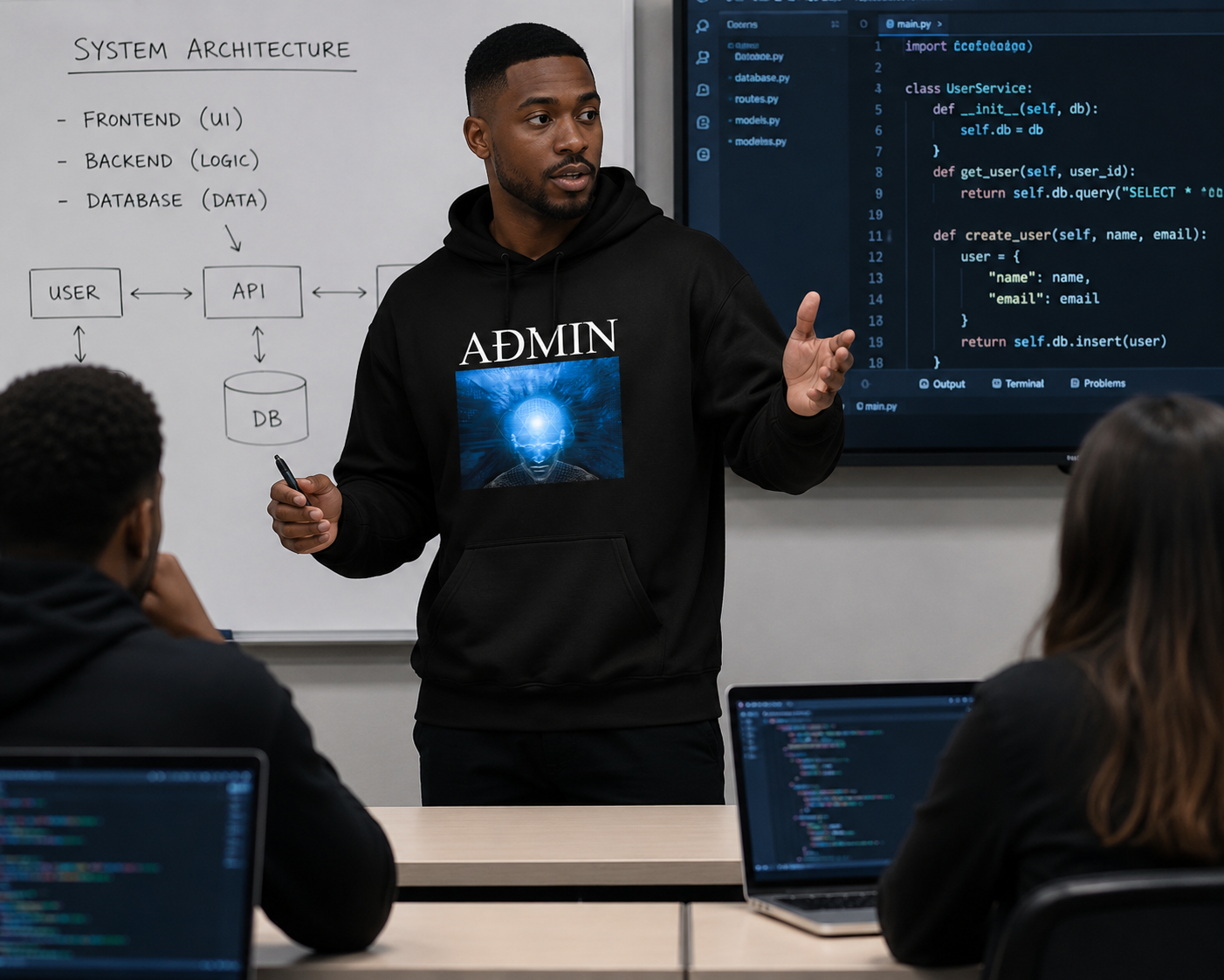 A man wearing a black hoodie with a blue graphic and the word 'ADMIN' stands in a classroom or office setting, gesturing toward a whiteboard with system architecture notes and a large code screen behind him. Two people seated at desks are visible in the foreground.