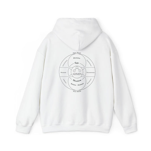 White hoodie with The Jungian Persona graphic on the back against a white background
