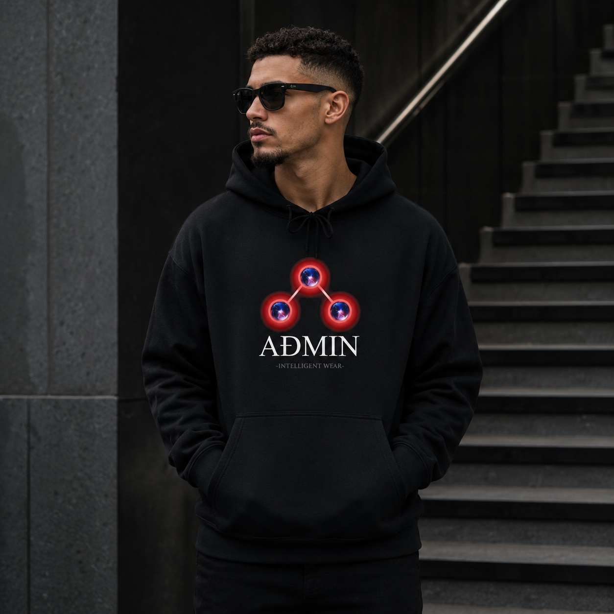 A man wearing a black hoodie with a red and blue triangular logo and the word 'ADMIN' printed on the chest, standing in front of a dark staircase.