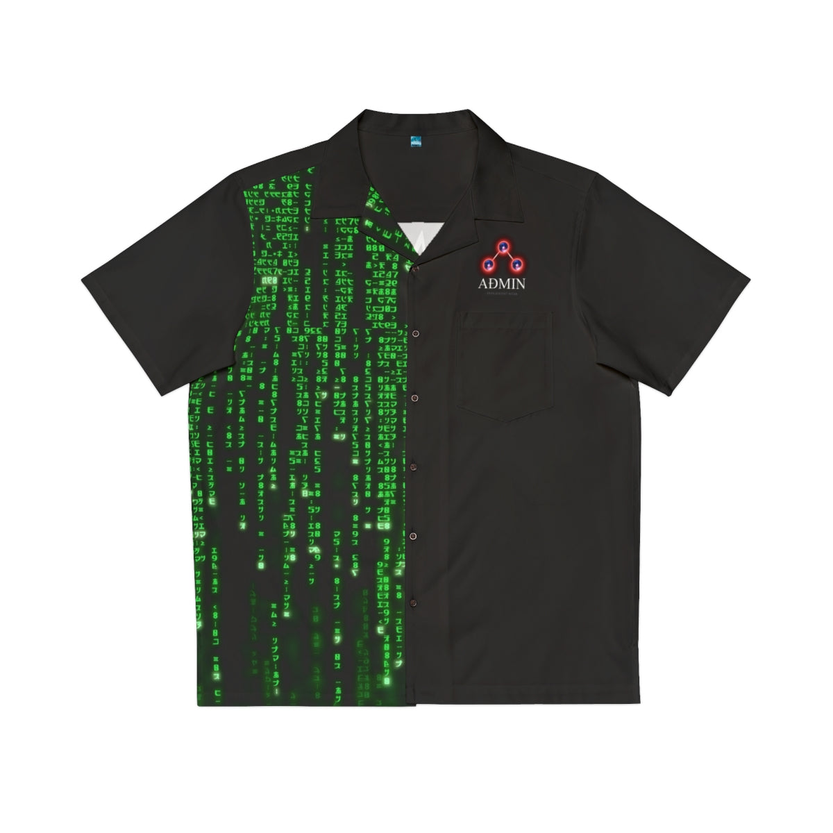 A black short-sleeve button-up shirt featuring a green digital rain matrix-style print on the right side, with a red and white 'ADMIN' logo on the left chest pocket.