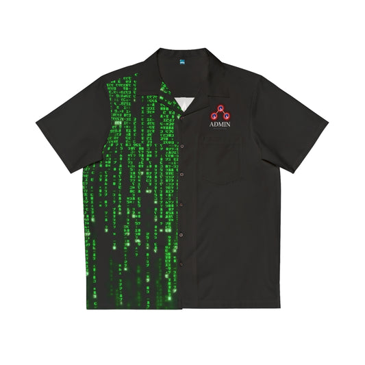 A black short-sleeve button-up shirt featuring a green digital rain matrix-style print on the right side, with a red and white 'ADMIN' logo on the left chest pocket.
