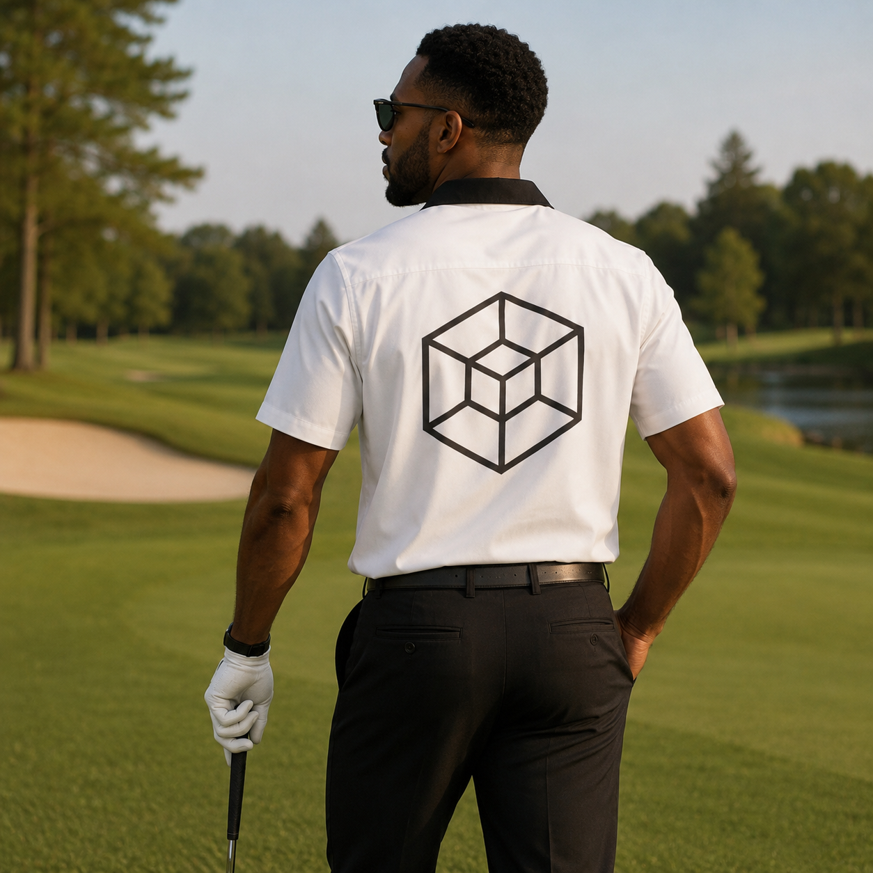 A man on a golf course seen from behind, wearing a white short-sleeve polo shirt with a black collar and a large white geometric cube logo printed on the back, paired with black trousers.